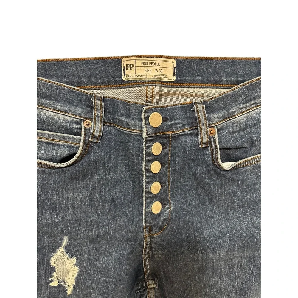Free People Distressed Button Fly Blue Denim Skinny Jeans Medium Wash 5-Pocket‎